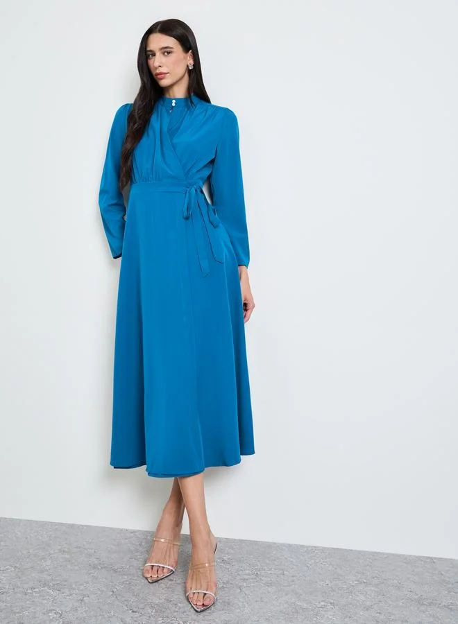 ستايلي Blue Long Sleeves Wrap Midi Dress