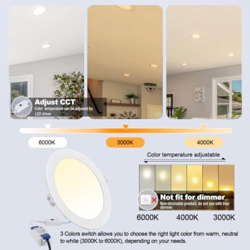 LED recessed ceiling lights for bathroom bedroom kitchen living room, aluminum white panel, 3CCT selectable 3000K/4000K/6000K,IP44 rated, 18W round downlight with 210mm cutout, non-dimmable - Image 3