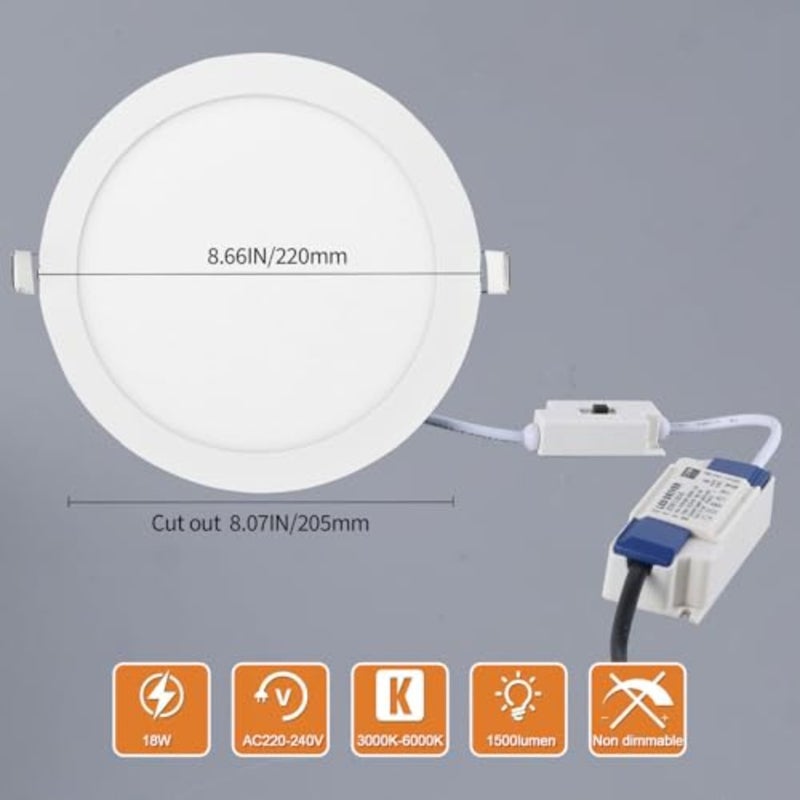 LED recessed ceiling lights for bathroom bedroom kitchen living room, aluminum white panel, 3CCT selectable 3000K/4000K/6000K,IP44 rated, 18W round downlight with 210mm cutout, non-dimmable - Image 2