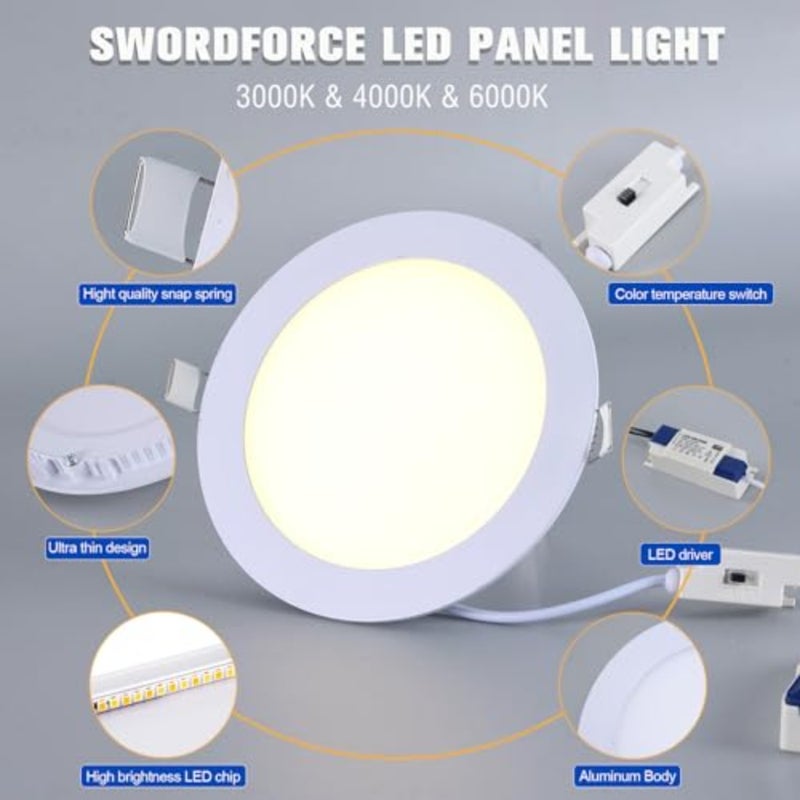LED recessed ceiling lights for bathroom bedroom kitchen living room, aluminum white panel, 3CCT selectable 3000K/4000K/6000K,IP44 rated, 18W round downlight with 210mm cutout, non-dimmable - Image 4