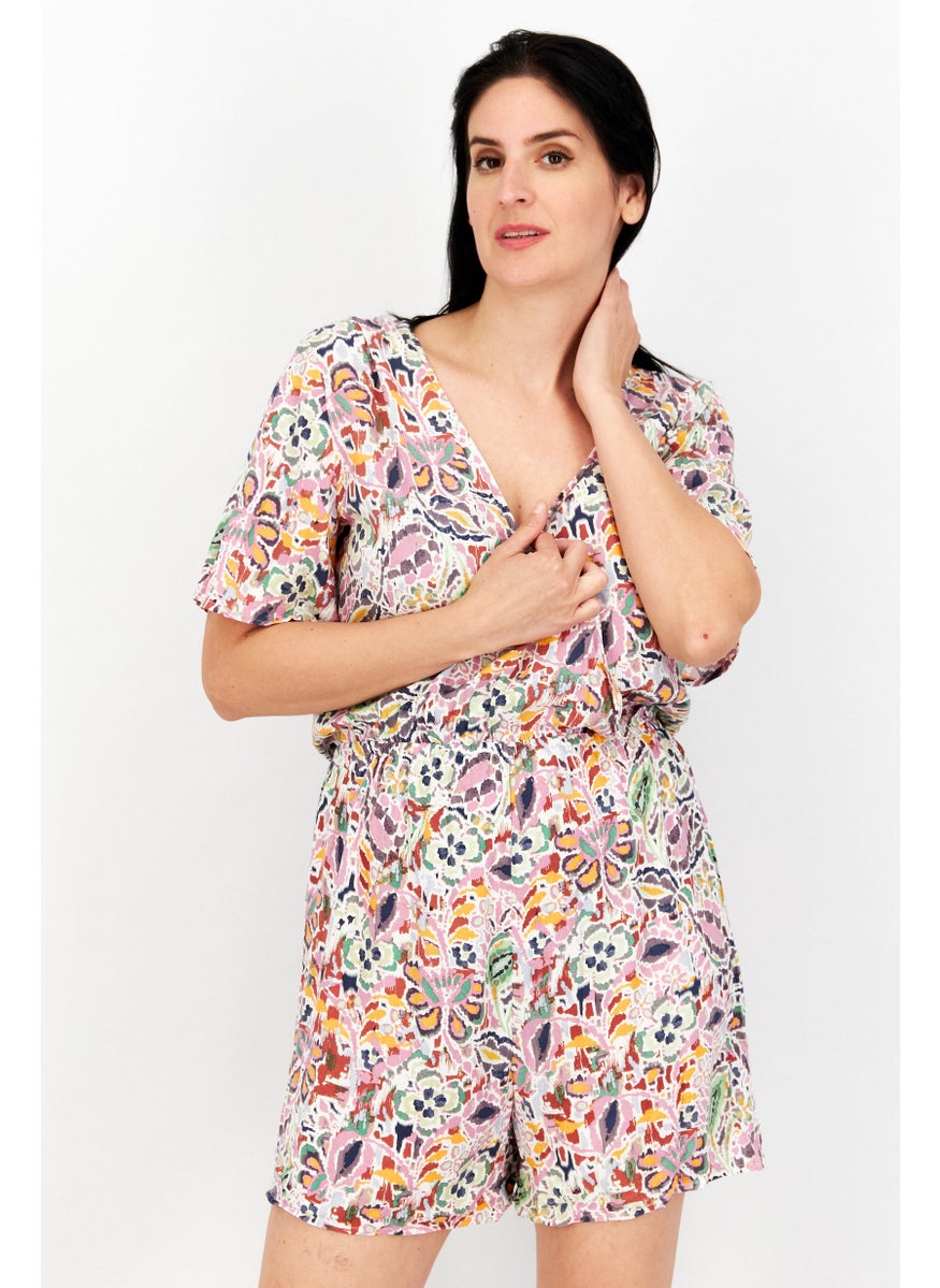 EDC Women Allover Print Short Sleeve Playsuit, Pink Combo  - Image 1