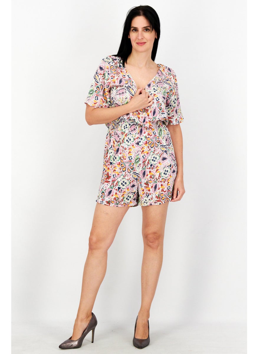 EDC Women Allover Print Short Sleeve Playsuit, Pink Combo  - Image 2