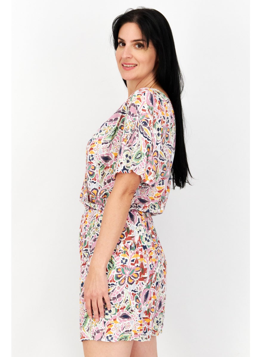 EDC Women Allover Print Short Sleeve Playsuit, Pink Combo  - Image 3
