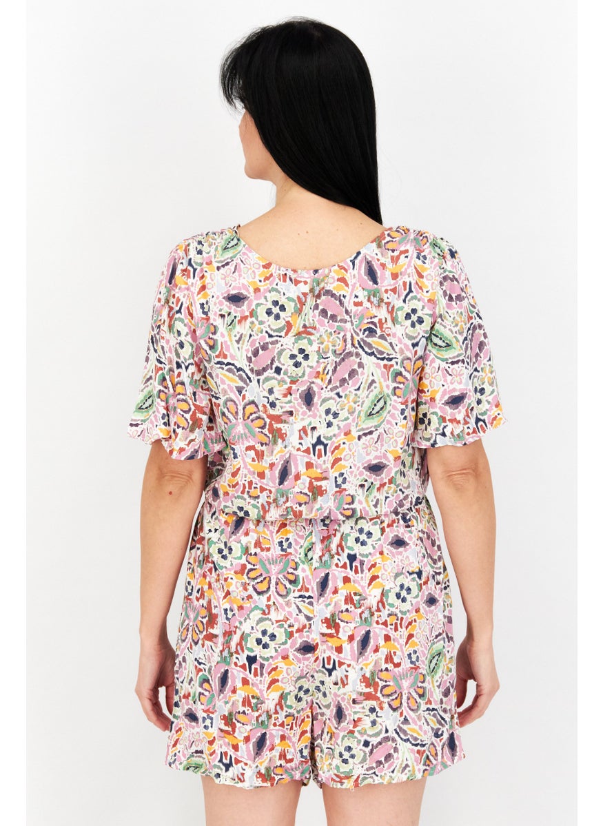 EDC Women Allover Print Short Sleeve Playsuit, Pink Combo  - Image 4