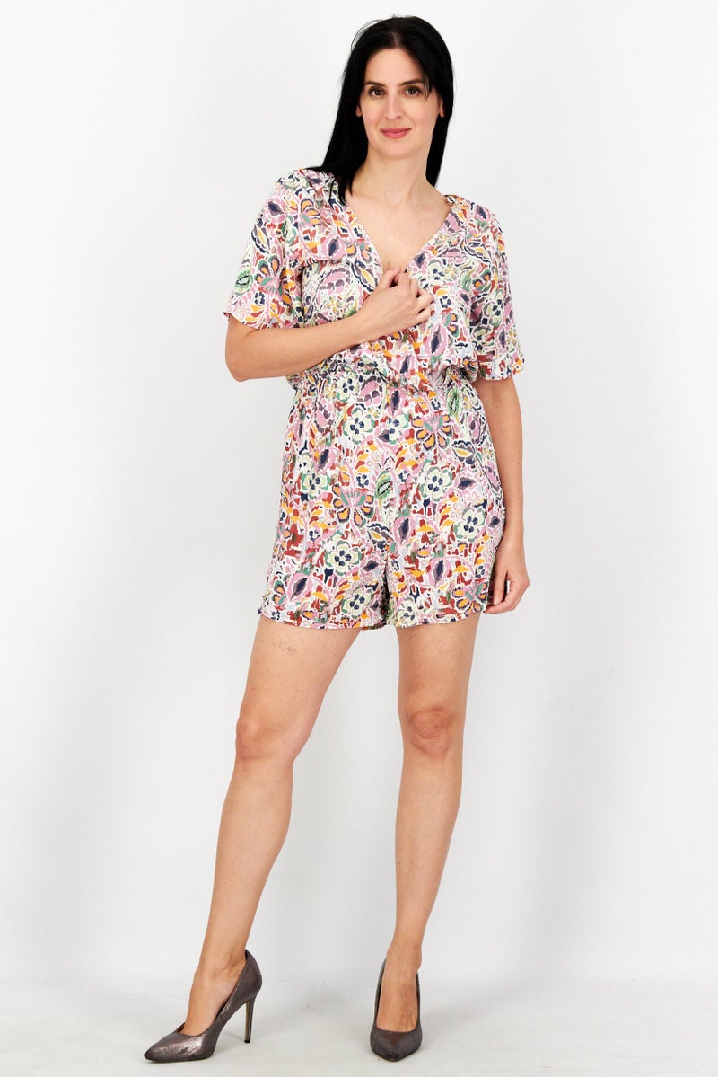 EDC Women Allover Print Short Sleeve Playsuit, Pink Combo - Image 2