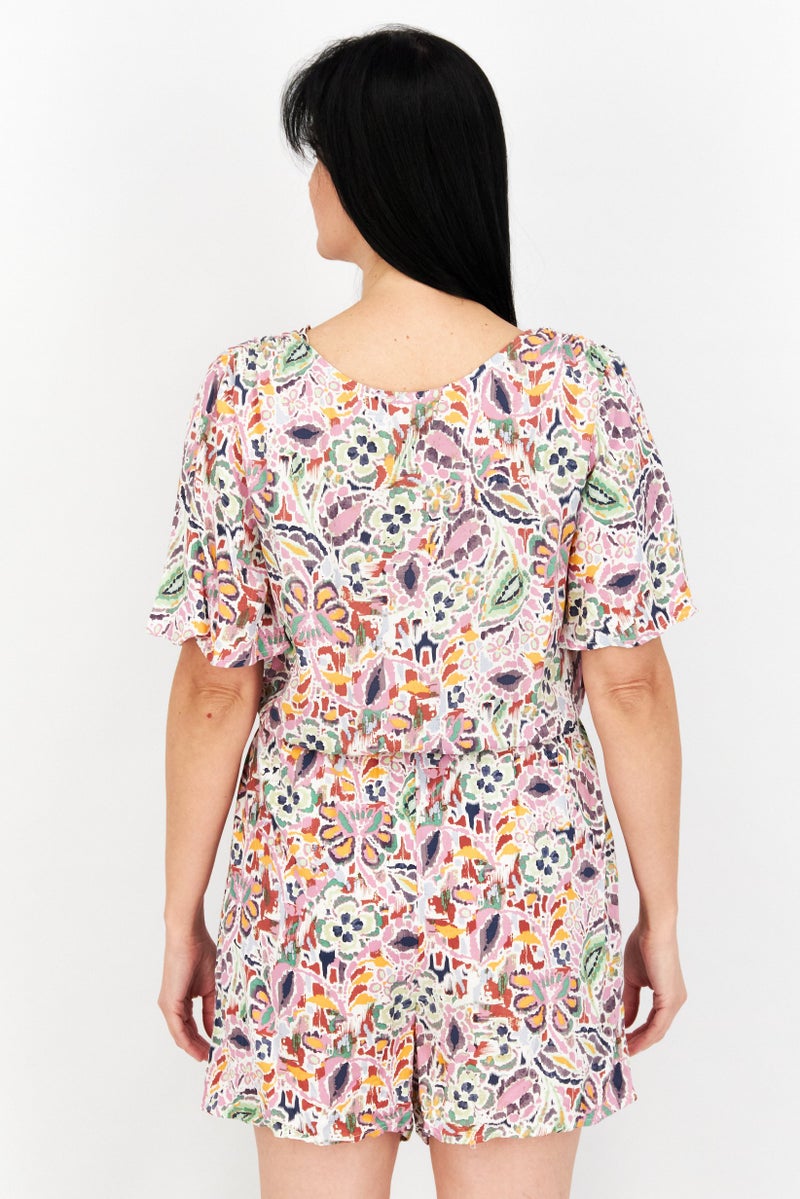 EDC Women Allover Print Short Sleeve Playsuit, Pink Combo - Image 4