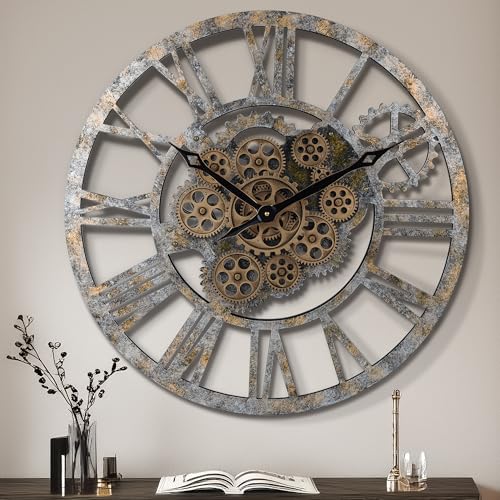 Lafocuse 23 Inch Real Moving Gear Wall Clock, Steampunk Wall Clock Gears Rustic, Farmhouse Wooden Large Wall Clocks for Living Room Decor Kitchen - Image 1
