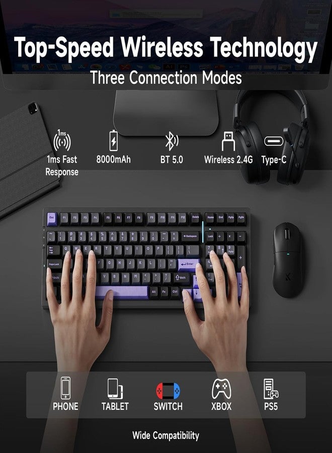 MCHOSE لوحة مفاتيح ميكانيكية لاسلكية MCHOSE G98 PRO، لوحة مفاتيح للألعاب بتوصيل ثلاثي الوضع، هيكل حشوة قابل للتبديل، مفاتيح خطية مشحمة مسبقًا، أغطية مفاتيح PBT مزدوجة الطباعة بإضاءة خلفية RGB LED باللونين الأرجواني والأسود - Image 3
