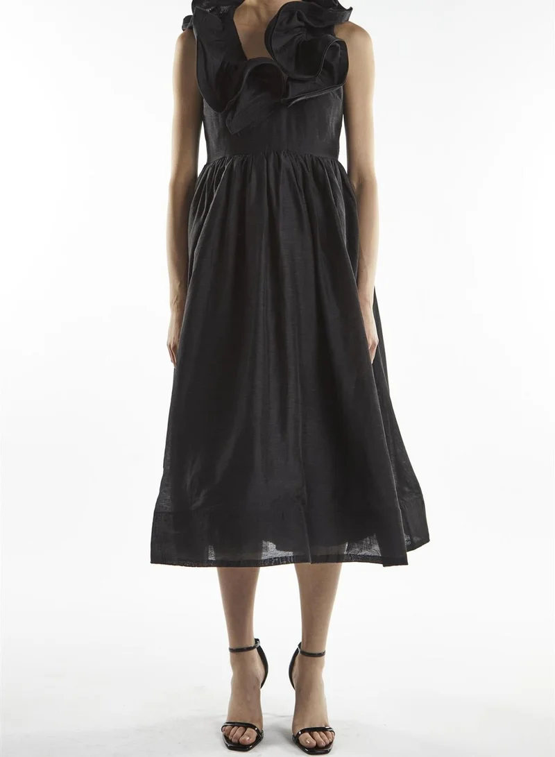 True Decadence Black Peyton Ruffle Midi Dress