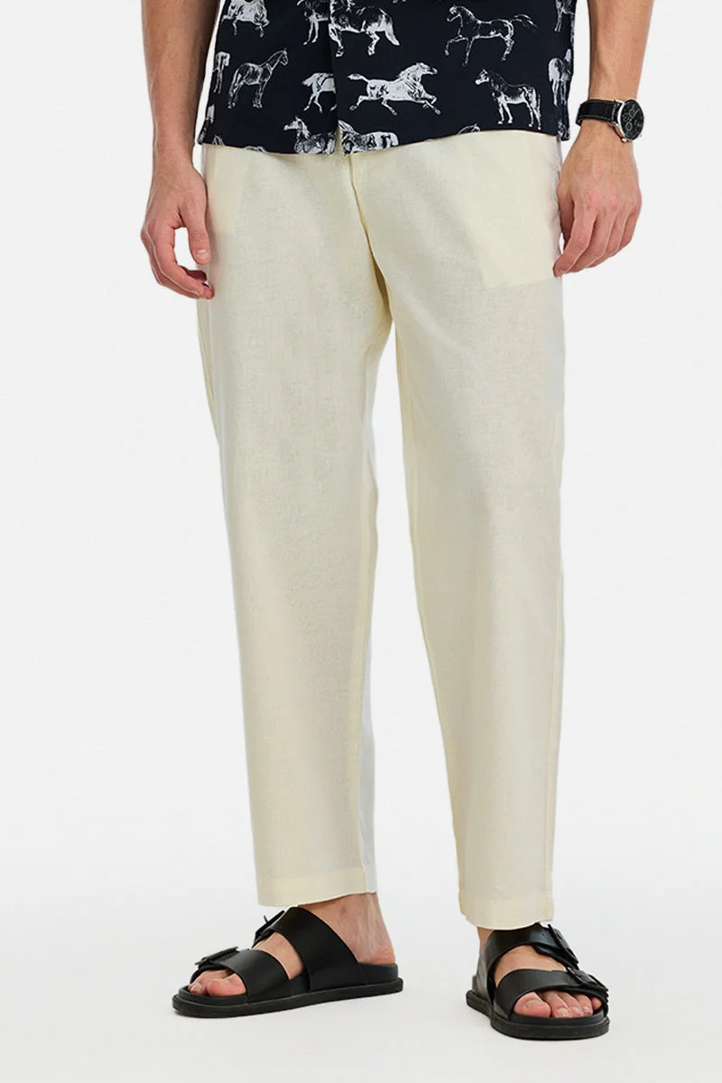 سنيتش Off White Solid Relaxed Casual Trousers