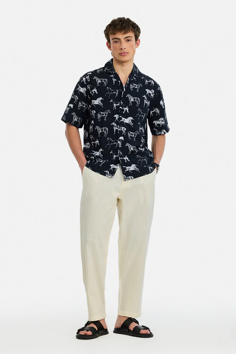 سنيتش Off White Solid Relaxed Casual Trousers