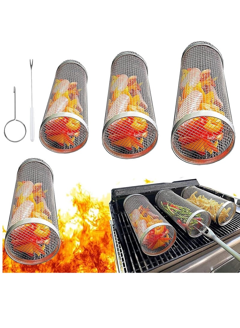 3pcs Rolling Grilling Basket Stainless Steel Portable Barbecue Grill 304 Outdoor Barbecue Cage Net Round Smoke Bbq Roller for Vegetables Fish and French Fries BBQ Cage - Image 1