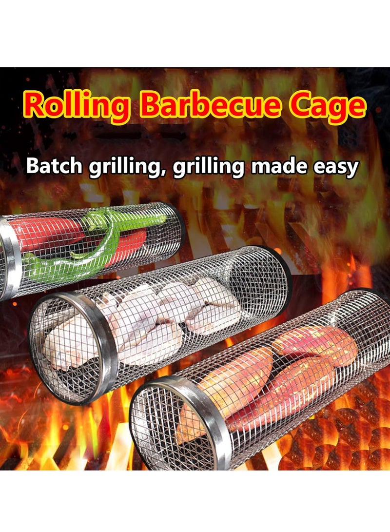 3pcs Rolling Grilling Basket Stainless Steel Portable Barbecue Grill 304 Outdoor Barbecue Cage Net Round Smoke Bbq Roller for Vegetables Fish and French Fries BBQ Cage - Image 4
