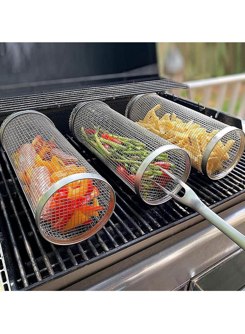 3pcs Rolling Grilling Basket Stainless Steel Portable Barbecue Grill 304 Outdoor Barbecue Cage Net Round Smoke Bbq Roller for Vegetables Fish and French Fries BBQ Cage - Image 2