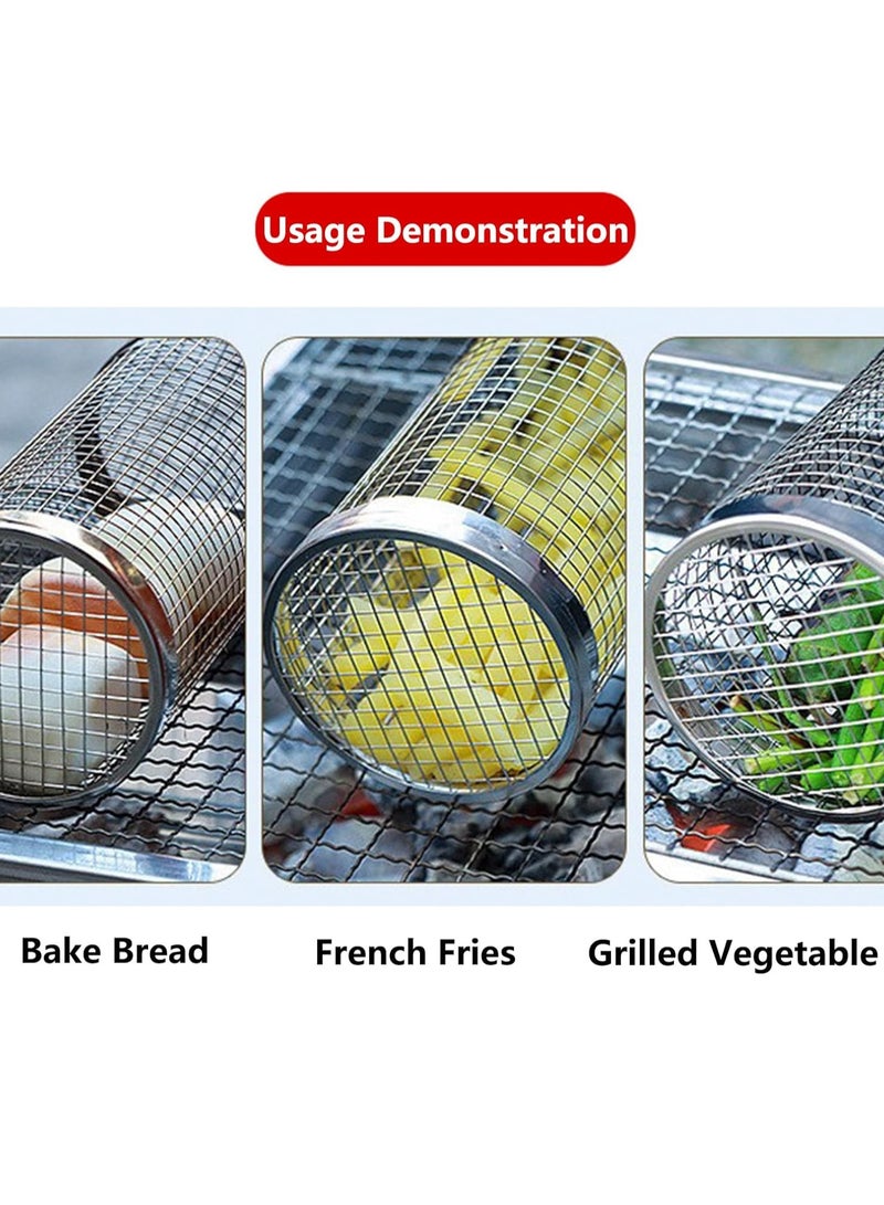 3pcs Rolling Grilling Basket Stainless Steel Portable Barbecue Grill 304 Outdoor Barbecue Cage Net Round Smoke Bbq Roller for Vegetables Fish and French Fries BBQ Cage - Image 5