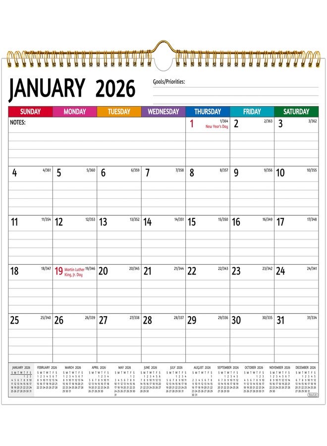 تقويم حائط 2026 - تقويم 2026، من يناير 2026 إلى ديسمبر 2026، مقاس 14.57 × 11.42 بوصة، تقويم شهري 12 شهرًا لعام 2026، ورق سميك، مربعات كبيرة مسطرة، ملاحظات، عطلات، نظرة عامة سنوية - Image 1