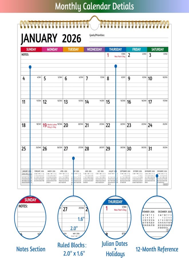 تقويم حائط 2026 - تقويم 2026، من يناير 2026 إلى ديسمبر 2026، مقاس 14.57 × 11.42 بوصة، تقويم شهري 12 شهرًا لعام 2026، ورق سميك، مربعات كبيرة مسطرة، ملاحظات، عطلات، نظرة عامة سنوية - Image 3
