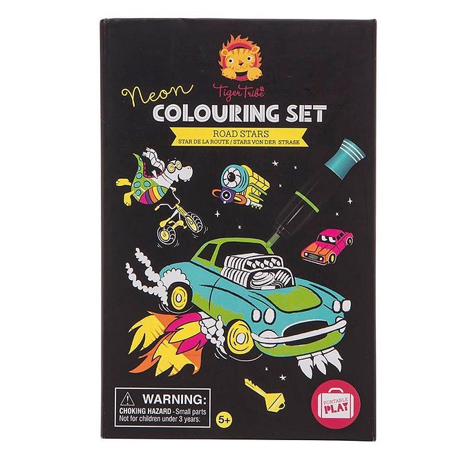Tiger Tribe Neon Colouring Set Road Stars - Activity Kit with Markers & Stickers for Ages 3-6, 14x21cm - Image 1