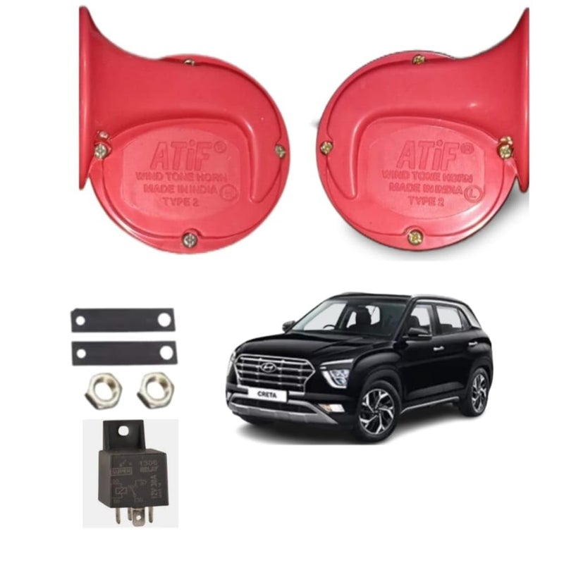 ATIF Horn For Universal For Bike, Universal For Car, Universal for Bus, Universal for Trucks Creta (RED HORN WITH RELAY) - Image 1