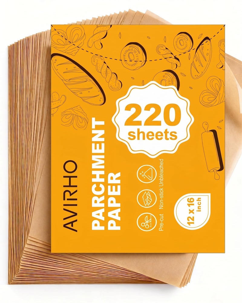 Avirho 220 Count Parchment Paper Sheets for Baking 12x16 Inch, Precut Non-Stick Unbleached Baking Paper, Half Sheet Pan Liners for Oven, Cooking, Grilling, Air Fryer, Steaming - Image 1