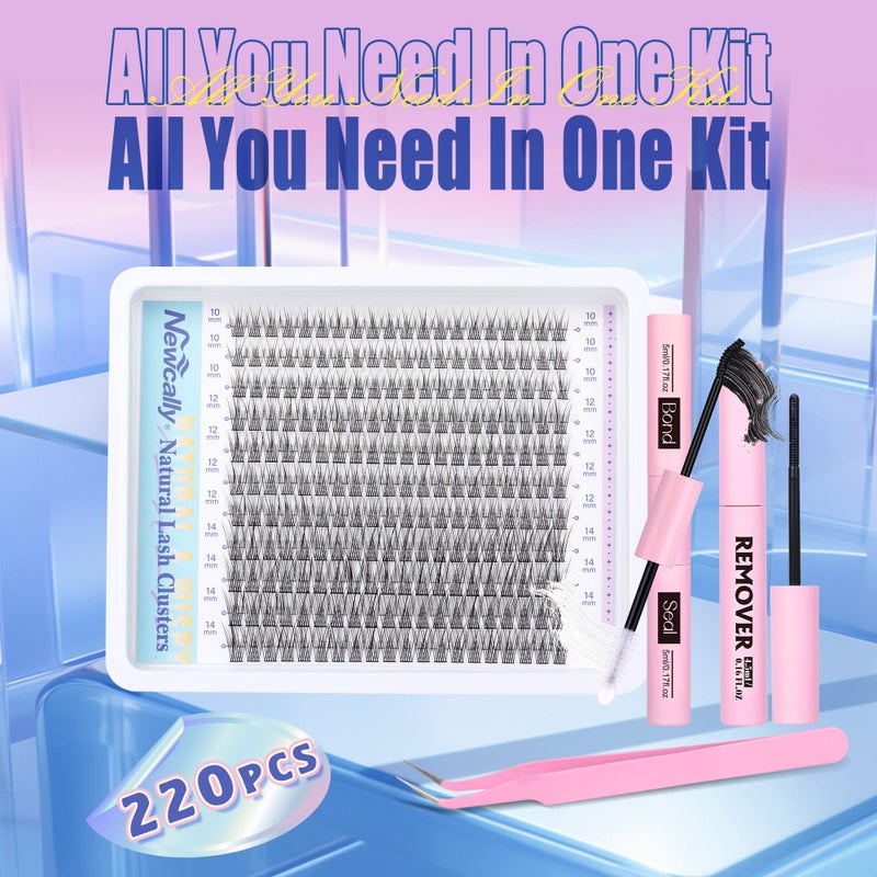 Newcally Natural Lash Extension Kit Cluster Lashes Kit Cluster Eyelash Extension Kit 220Pcs C-curly DIY Eyelash Extension Kit Short 10-14MM Individual Lashes Kit with Lash Remover by Newcally - Image 2
