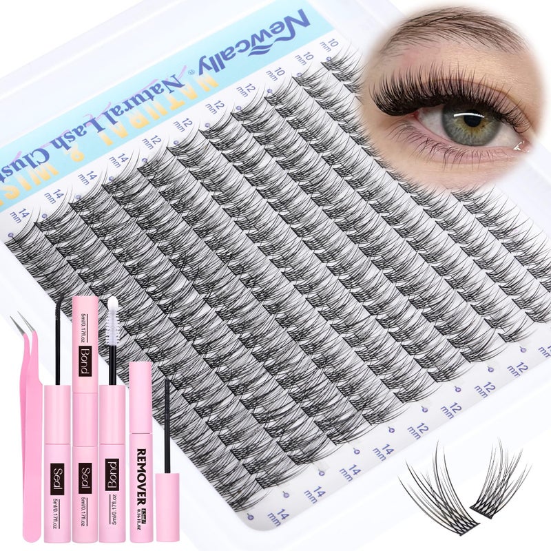 Newcally Natural Lash Extension Kit Cluster Lashes Kit Cluster Eyelash Extension Kit 220Pcs C-curly DIY Eyelash Extension Kit Short 10-14MM Individual Lashes Kit with Lash Remover by Newcally - Image 1