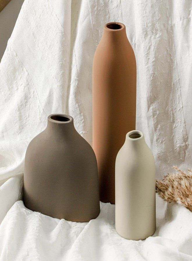Enra Ceramic Vase Set of 3,Flower Vase Home Decor,Rustic Modern Farmhouse Decor Pottery Vases, Pampas Grass Dried Fresh Flowers,Bedroom,Living Room,Bookshelf Decoration, Centerpiece Table Decor,Boho Decor. - Image 3