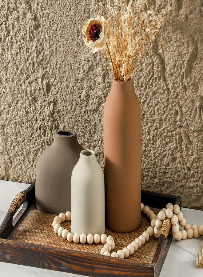 Enra Ceramic Vase Set of 3,Flower Vase Home Decor,Rustic Modern Farmhouse Decor Pottery Vases, Pampas Grass Dried Fresh Flowers,Bedroom,Living Room,Bookshelf Decoration, Centerpiece Table Decor,Boho Decor. - Image 5