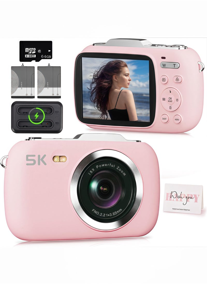 Generic - Digital Camera,5K Cameras for Photography,80MP UHD Portable Vlogging Camera,Cheap 18X Zoom Travel Point and Shoot Camera with 64GB TF Card,Photography Cameras for Beginners Teen - Pink - Image 1