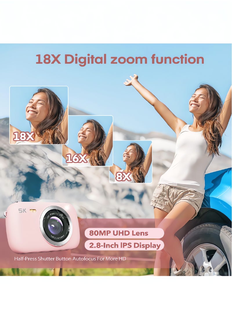 Generic - Digital Camera,5K Cameras for Photography,80MP UHD Portable Vlogging Camera,Cheap 18X Zoom Travel Point and Shoot Camera with 64GB TF Card,Photography Cameras for Beginners Teen - Pink - Image 1