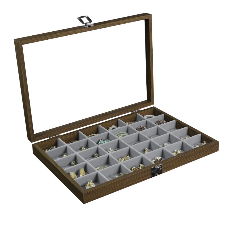 Stratalife 30 Grid Wood Jewelry Organizer with Clear Lid Vintage Jewelry Tray for Earrings Rings Necklaces Bracelets Jewelry Storage with Removable Velvet Dividers for Dresser Vanity Gray - Image 2