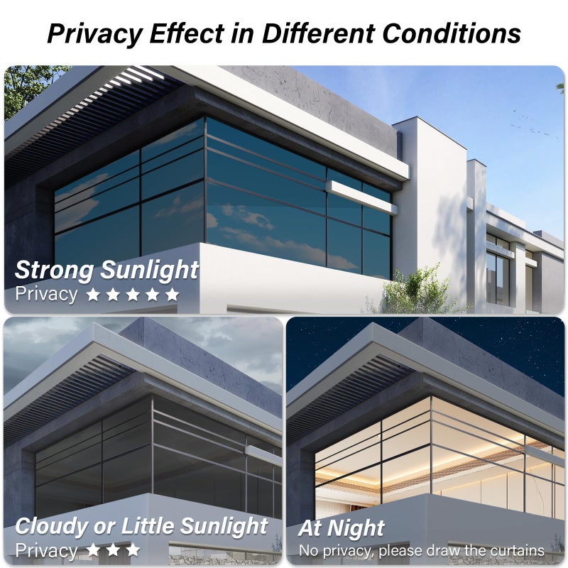 Kromapolis One Way Window Privacy Film Reflective Mirror Home Window Tint, Daytime Privacy Heat Control Anti UV Glass Tinting Static Cling (Black-Silver, 23.6 x 78.7 inch) - Image 4
