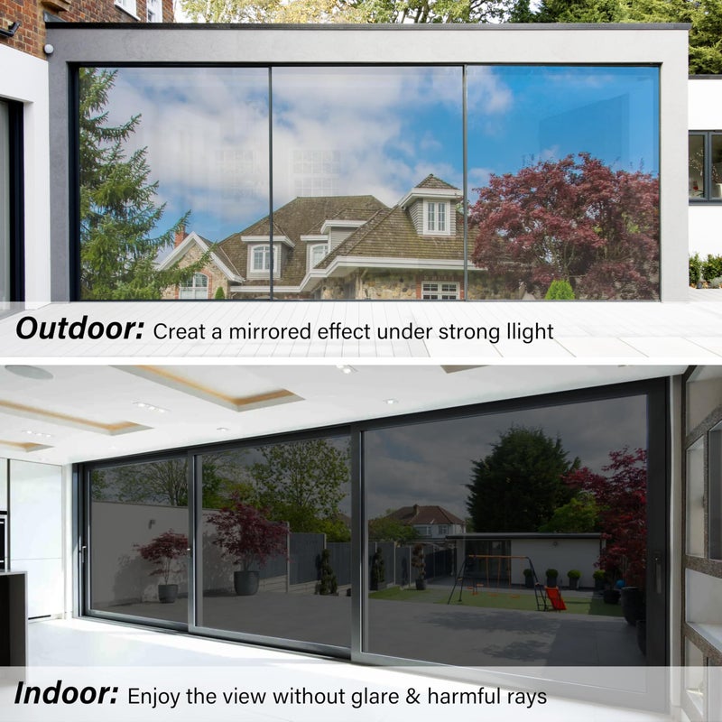 Kromapolis One Way Window Privacy Film Reflective Mirror Home Window Tint, Daytime Privacy Heat Control Anti UV Glass Tinting Static Cling (Black-Silver, 23.6 x 78.7 inch) - Image 2
