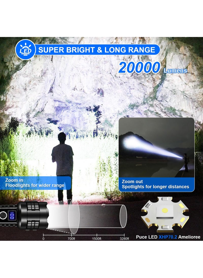 Jourvent Flashlight Led 20000 lumen, Torch Led Rechargeable high lumen XHP70.2, Tactical Flashlights Battery Powered IP67 Waterproof Zoomable, for Camping Hiking Emergency(with Battery) - Image 2