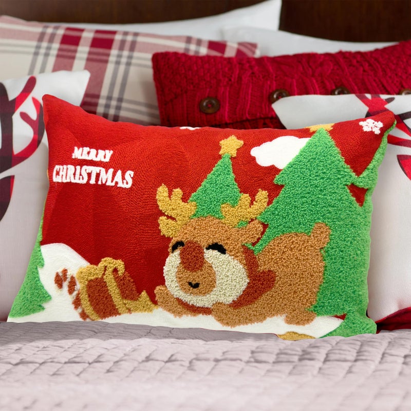 Alysheer Merry Christmas Deer Embroidered Lumbar Decorative Throw Pillow Cover 12x20  Soft Warm Cozy Cotton Embroidery Cushion Case for Sofa Couch Living Room Happy Holiday Decor Gift (Red Green) - Image 3