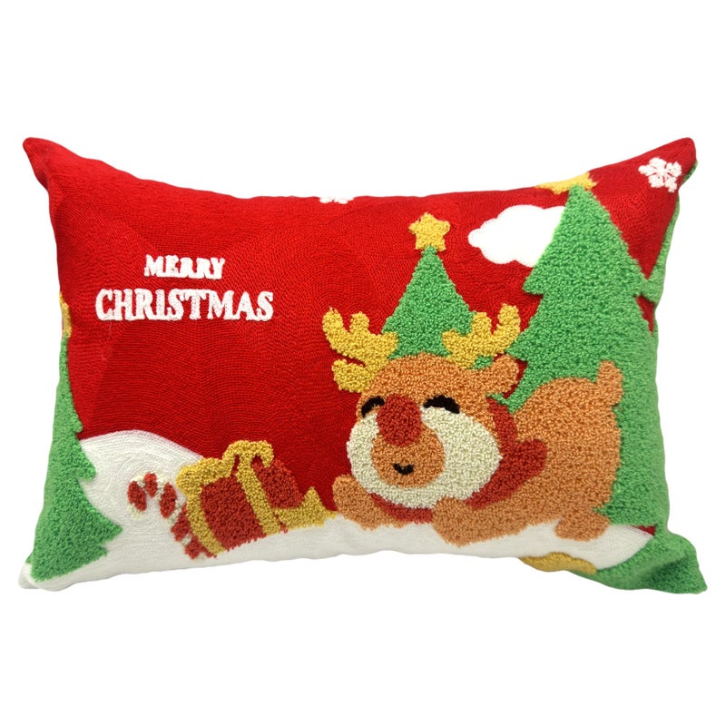 Alysheer Merry Christmas Deer Embroidered Lumbar Decorative Throw Pillow Cover 12x20  Soft Warm Cozy Cotton Embroidery Cushion Case for Sofa Couch Living Room Happy Holiday Decor Gift (Red Green) - Image 1