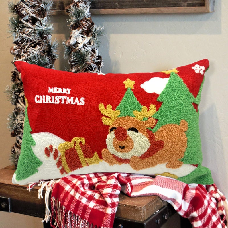 Alysheer Merry Christmas Deer Embroidered Lumbar Decorative Throw Pillow Cover 12x20  Soft Warm Cozy Cotton Embroidery Cushion Case for Sofa Couch Living Room Happy Holiday Decor Gift (Red Green) - Image 2