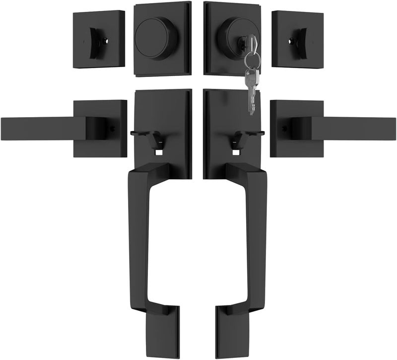 Haidms Matte Black Double Door Door Lock Set, Heavy Duty Double Door Handle with Deadbolt and Dummy, Double Front Door Hardware Set with Reversible Handle Lever - Image 1