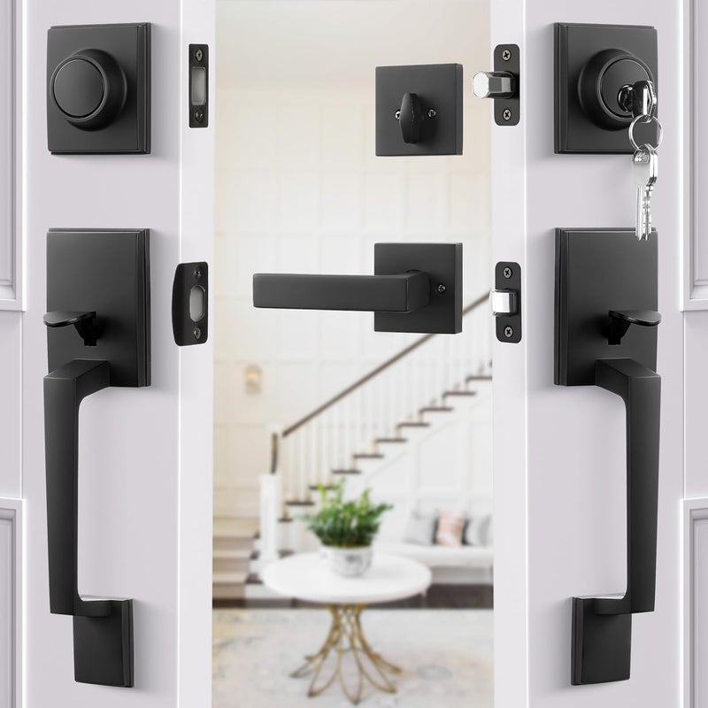 Haidms Matte Black Double Door Door Lock Set, Heavy Duty Double Door Handle with Deadbolt and Dummy, Double Front Door Hardware Set with Reversible Handle Lever - Image 2
