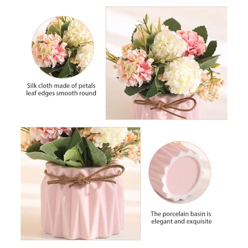 HOME ELEMENTS Artificial Flower with Ceramic Vase for Home Decor Hydrangea Bouquet Fake Flower Arrangements for Living Room Tabletop Showpiece Bedroom Office Desk Artificial Flower Plants (Pink) - Image 3
