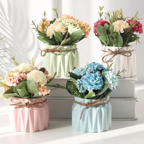 HOME ELEMENTS Artificial Flower with Ceramic Vase for Home Decor Hydrangea Bouquet Fake Flower Arrangements for Living Room Tabletop Showpiece Bedroom Office Desk Artificial Flower Plants (Pink) - Image 2