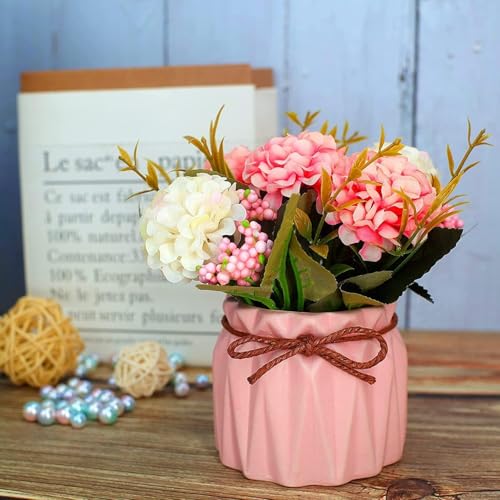 HOME ELEMENTS Artificial Flower with Ceramic Vase for Home Decor Hydrangea Bouquet Fake Flower Arrangements for Living Room Tabletop Showpiece Bedroom Office Desk Artificial Flower Plants (Pink) - Image 1