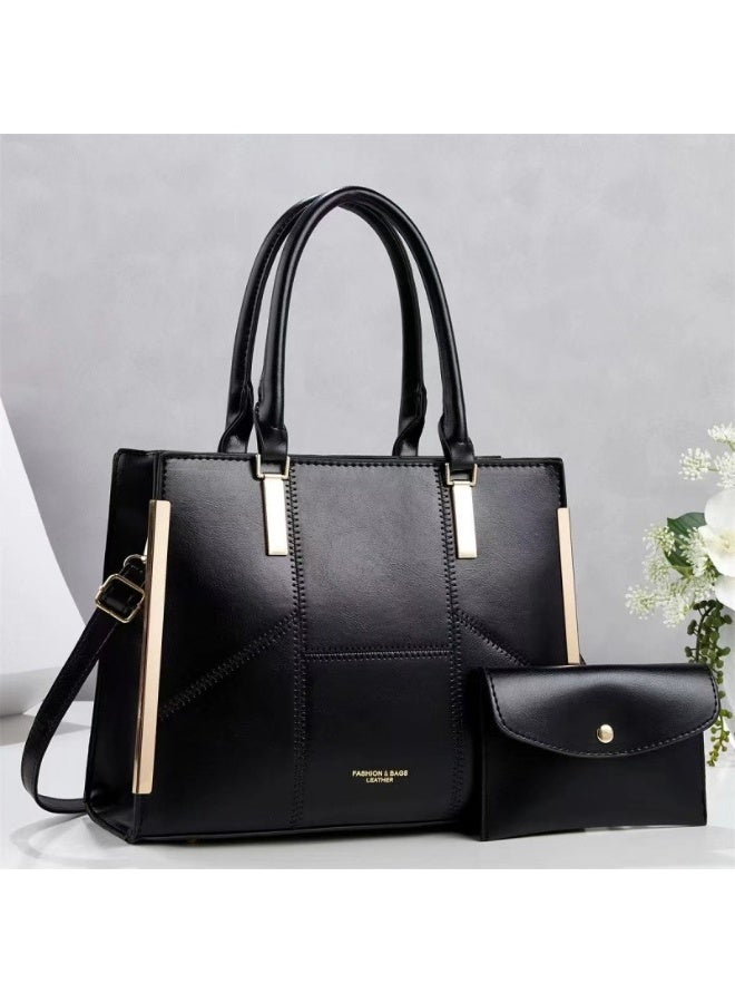 Black Structured Handbag Set with Matching Pouch, Gold-Tone Accents & Shoulder  Strap