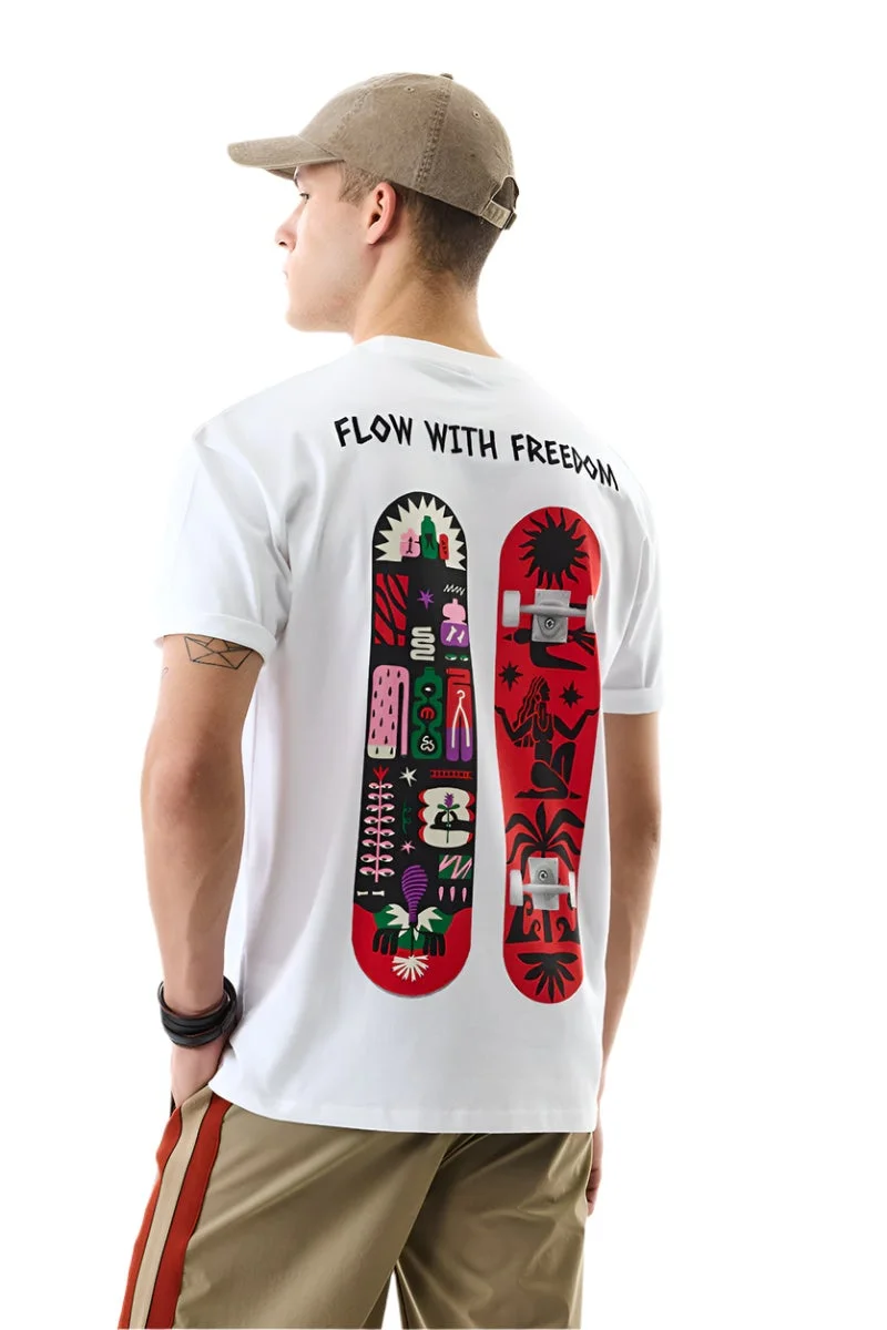 سنيتش White Graphic Half Sleeve Slim Fit T-Shirt