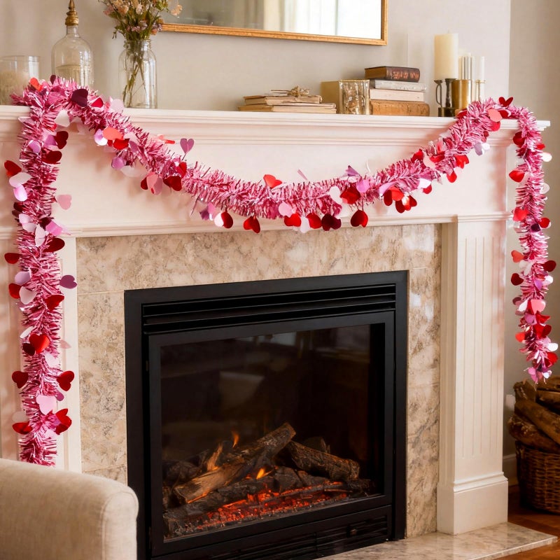 NAYODEUS 55.77 FT Valentines Day Garland Decor Red Pink Purple Heart Tinsel Garland Metallic Glitter Hanging Garlands Valentines Day Decorations for Tree Mantel Home Indoor Wedding Galentines Party. - Image 4