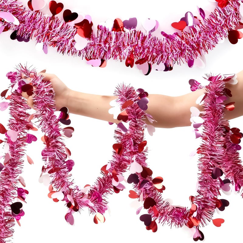 NAYODEUS 55.77 FT Valentines Day Garland Decor Red Pink Purple Heart Tinsel Garland Metallic Glitter Hanging Garlands Valentines Day Decorations for Tree Mantel Home Indoor Wedding Galentines Party. - Image 1