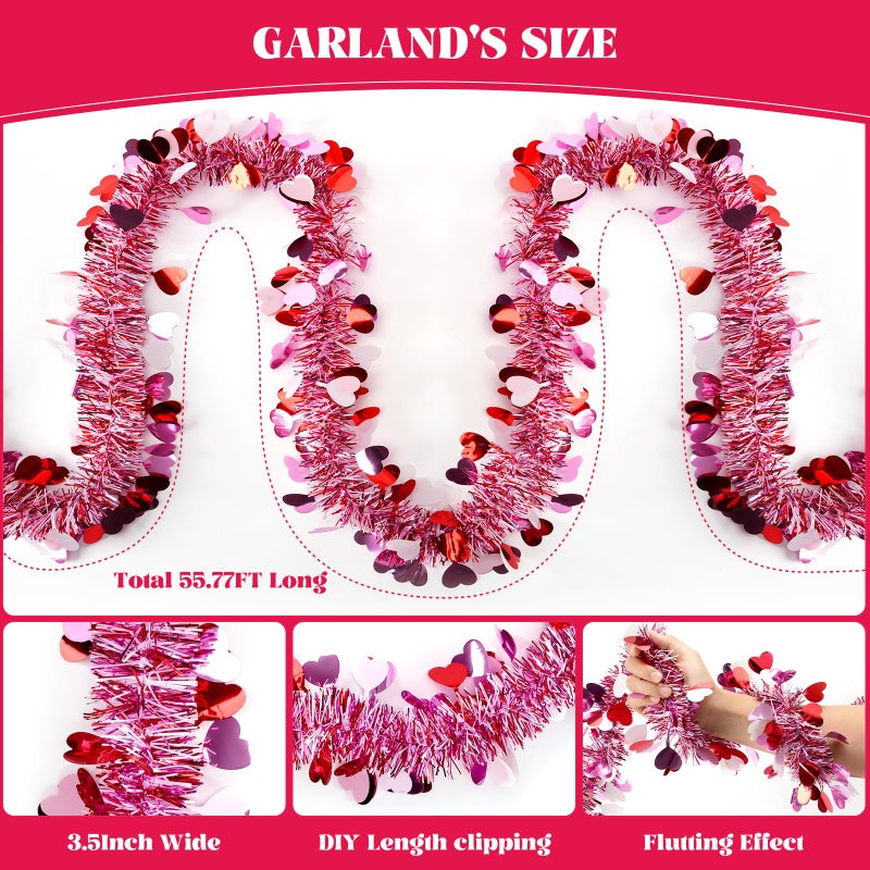 NAYODEUS 55.77 FT Valentines Day Garland Decor Red Pink Purple Heart Tinsel Garland Metallic Glitter Hanging Garlands Valentines Day Decorations for Tree Mantel Home Indoor Wedding Galentines Party. - Image 2
