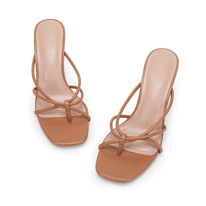 LAICIGO Women's Square Open Toe Flip Flops Stiletto Heels Strappy Thong Slide on Slingback Mules Sandals - Image 4
