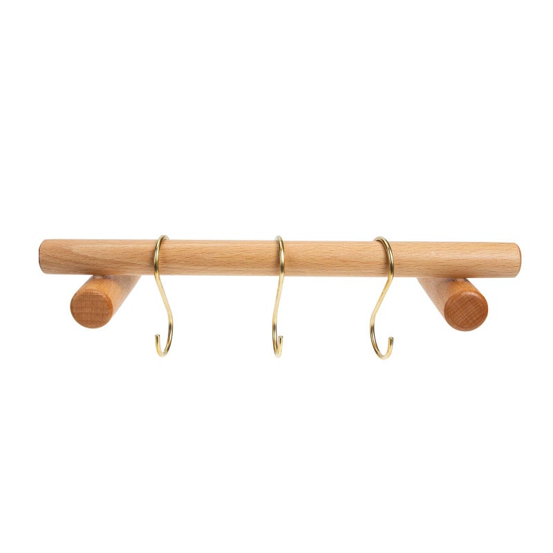Solid Wood Towel Rack with Brass S Hooks No Drilling Needed for Bathroom Kitchen - Image 2
