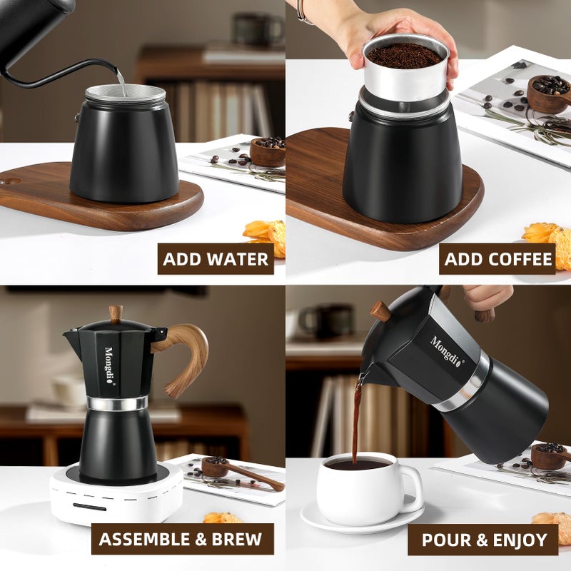Mongdio Stovetop Espresso Maker Moka Pot, Cuban Coffee Maker Stove top coffee maker Moka Italian Espresso Greca Coffee Maker Brewer Percolator, 12 Espresso Cups, 20 oz - Black - Image 4